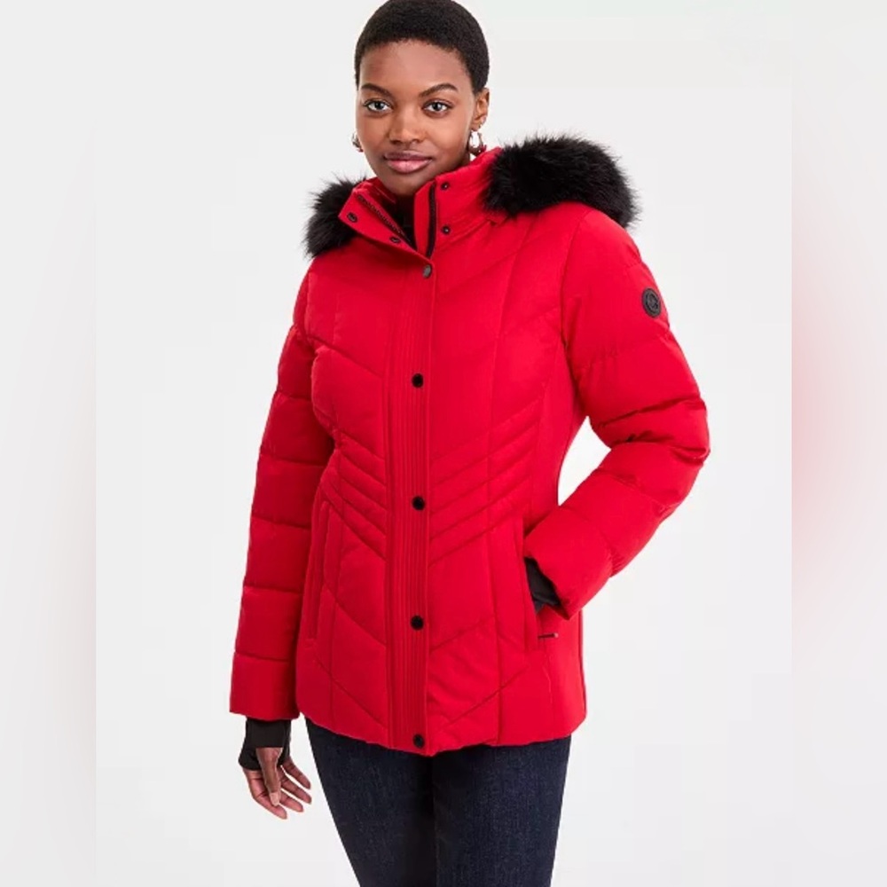 Michael Kors Red Puffer Jacket with Black Fur